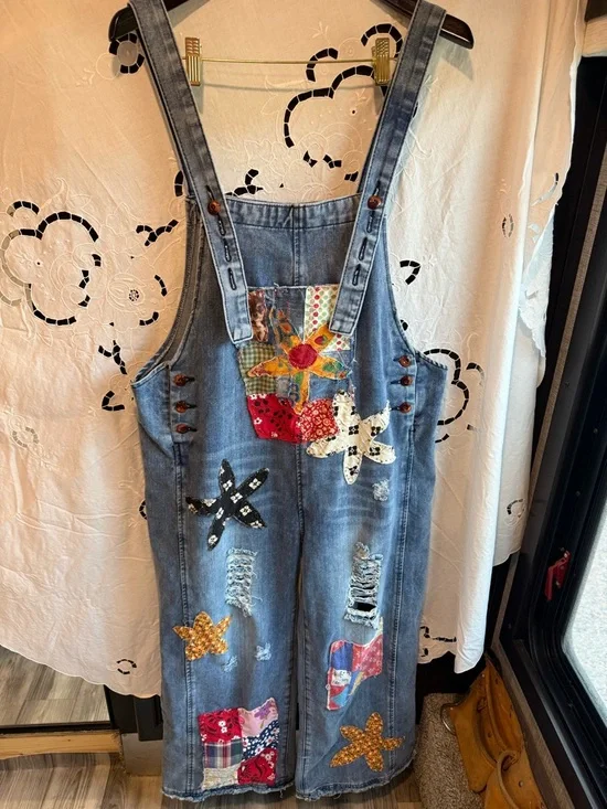 Sedona Artist OOAK Patchwork Denim Overalls girlhood floral Star Appliqués L - Picture 8 of 8